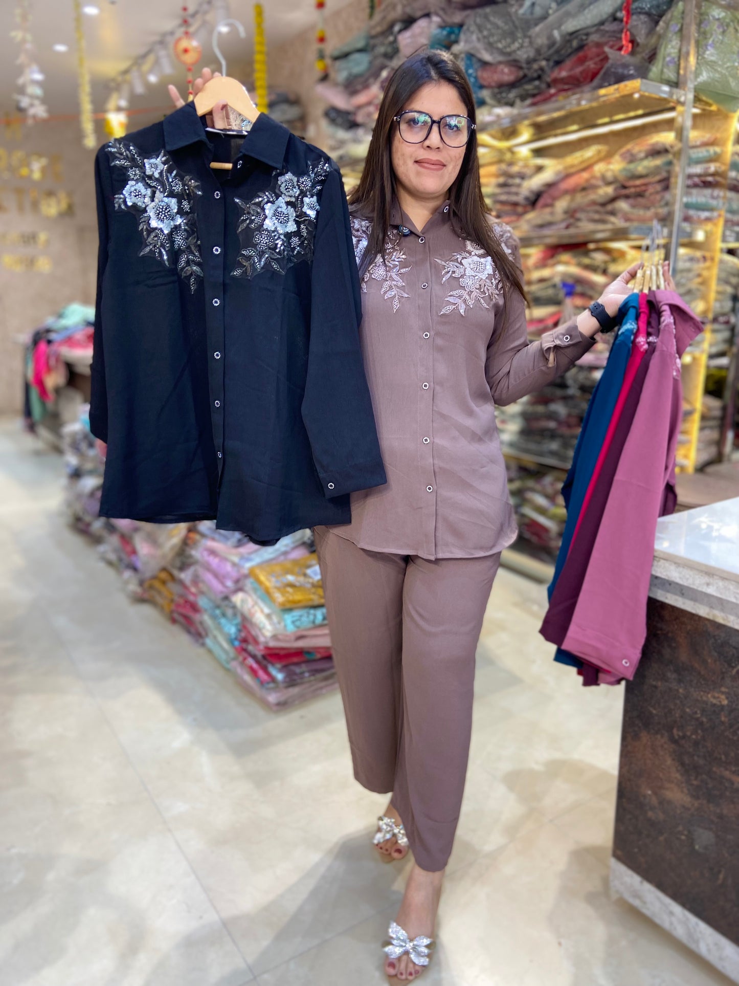 PREMIUM GEORGET SHIRT NECK DESIGN WITH PEARL AND THREAD DESIGN WITH BEAUTIFUL BOTTOM CORDSET