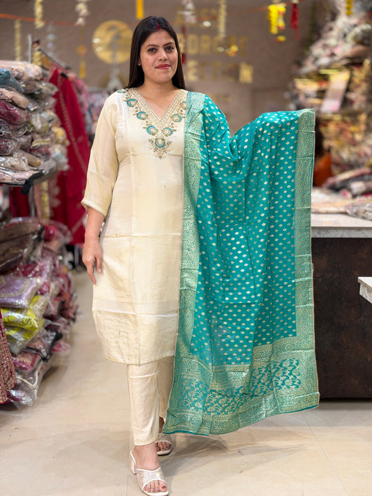 IVORY RUSSIAN SILK WITH CONTRAST DUPPTA SUIT