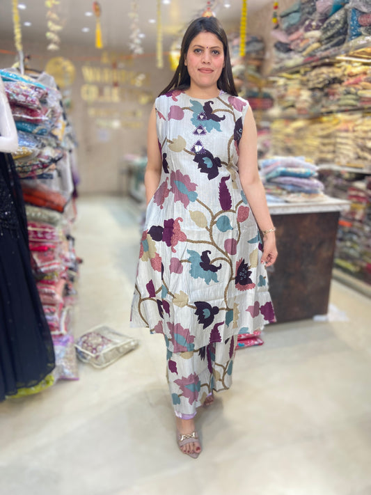 NECK DESIGN MIRROR WORK A-LINE SHIRT WITH PLAZO CORDSET