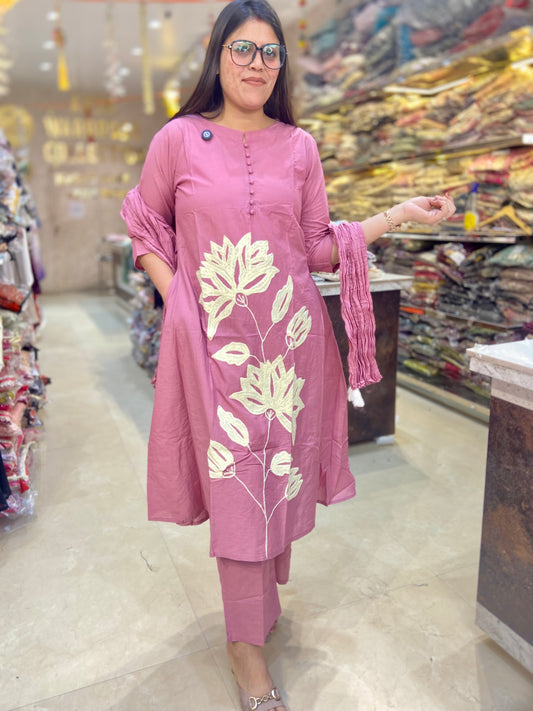 ONION PINK LAKHNAVI DESIGN WHITE THREAD WORK SUIT