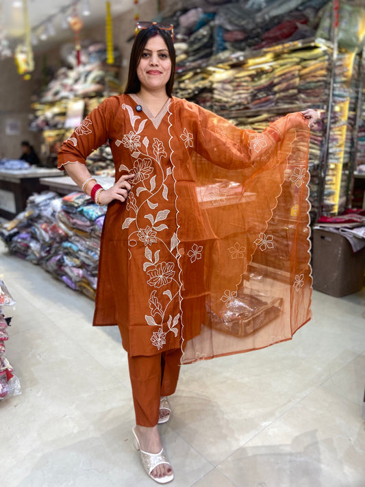 PURE COTTON V NECK DESIGN WITH ORGANZA DUPPTA SUIT