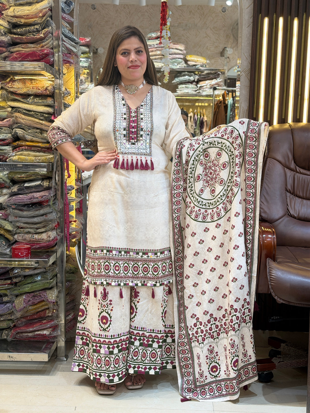 IVORY MEHROON WORK DESIGNER DUPPTA SUIT