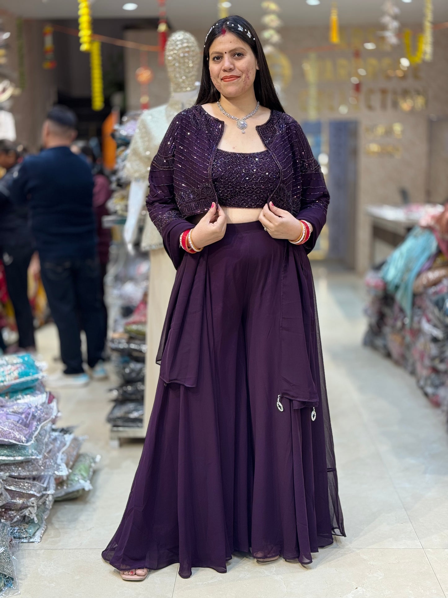 PARTY WEAR CROPE TOP WITH JAKET FULL FLAIR JAFFA