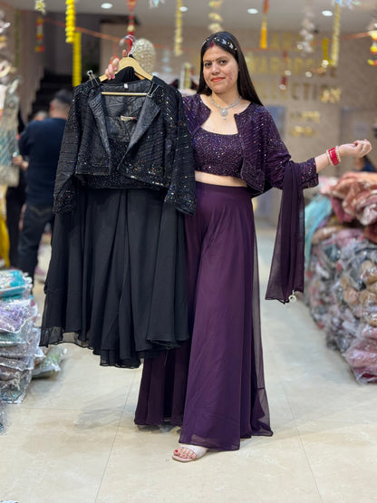 PARTY WEAR CROPE TOP WITH JAKET FULL FLAIR JAFFA