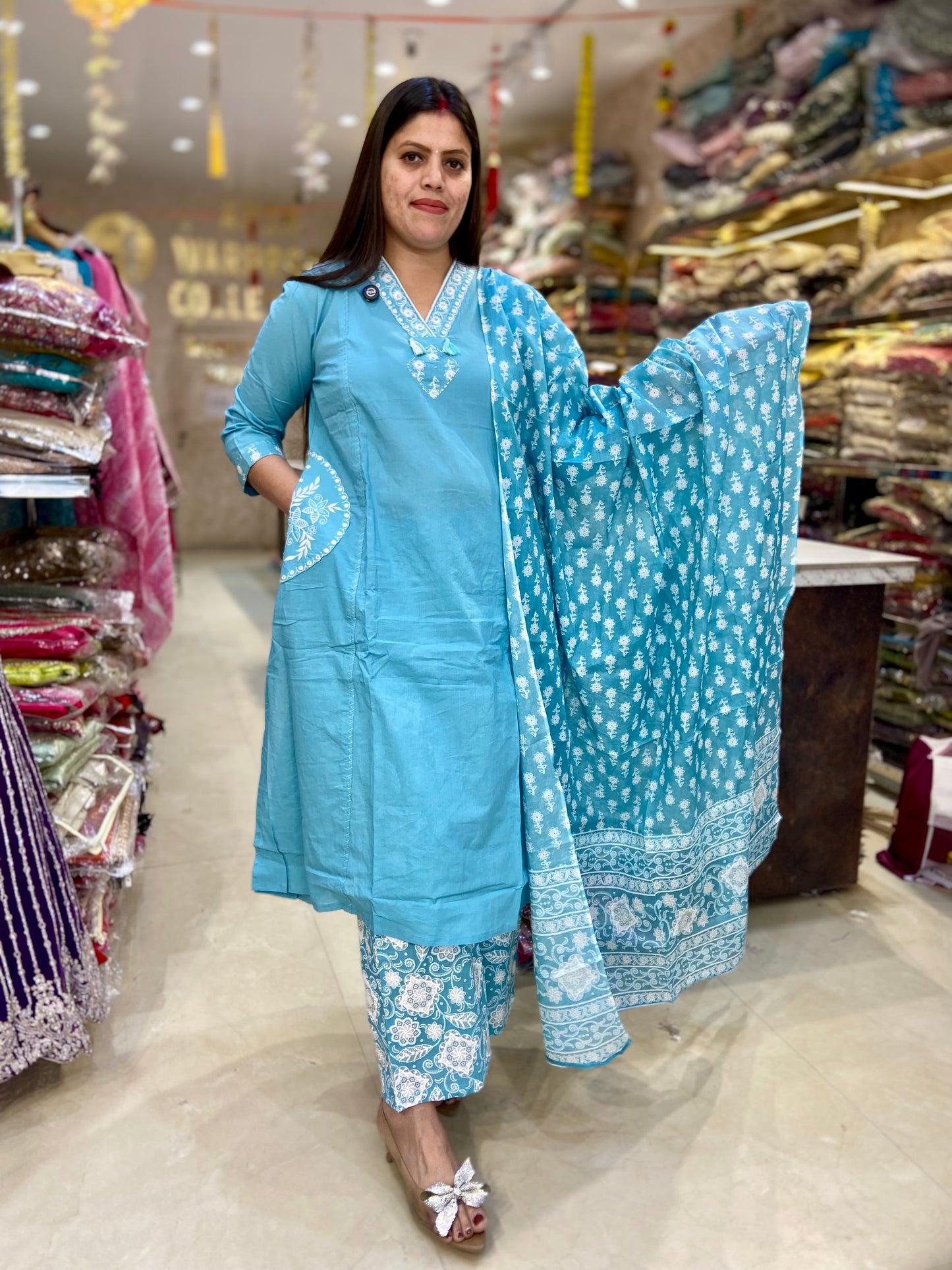 PURE COTTON EMBROIDED DESIGN A-LINE SUIT