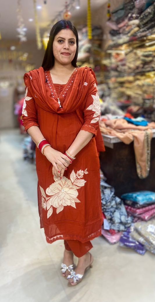 BEAUTIFUL THREAD WORK EMBROIDED DABU COTTON A-LINE SUIT