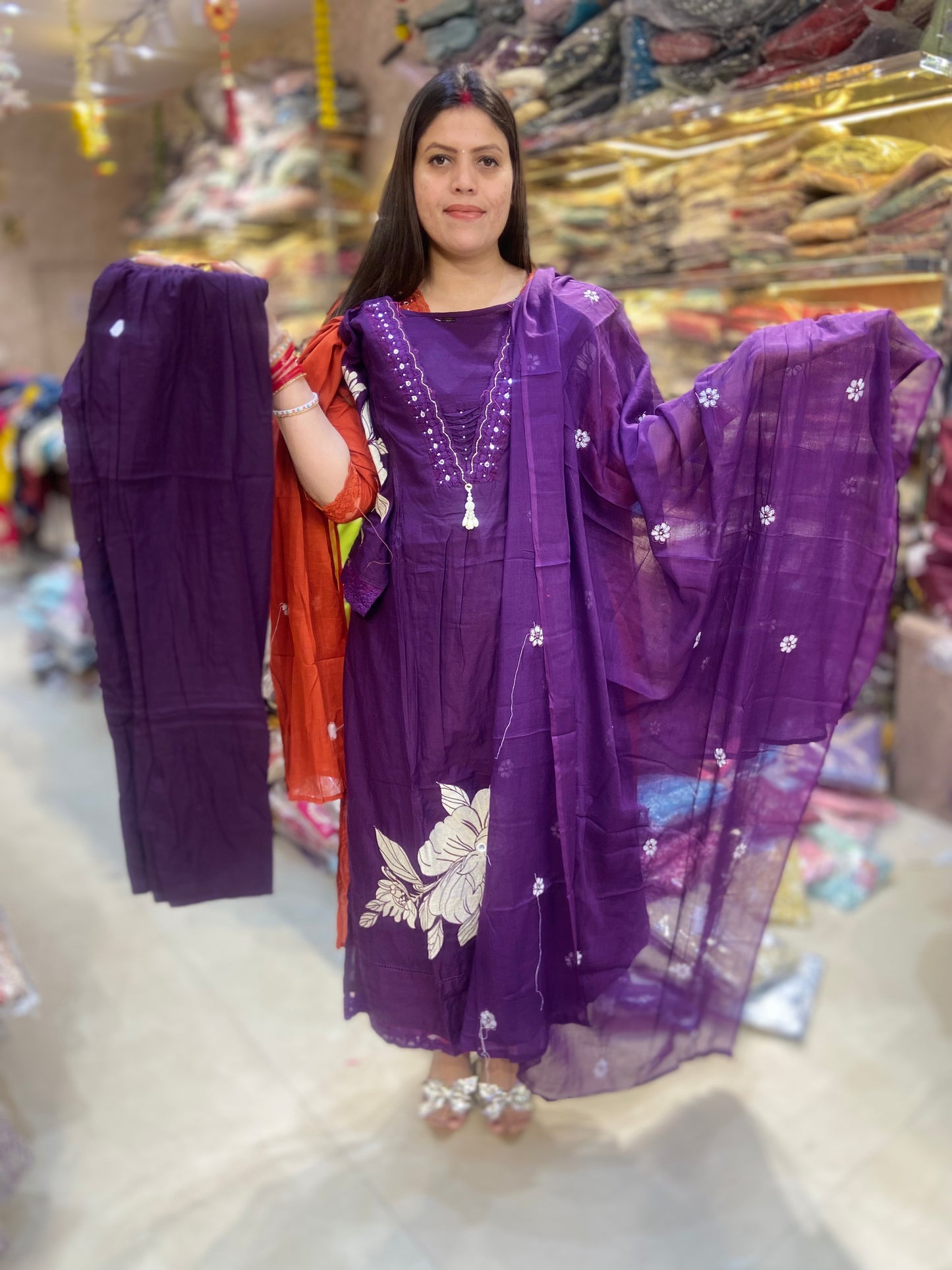 BEAUTIFUL THREAD WORK EMBROIDED DABU COTTON A-LINE SUIT