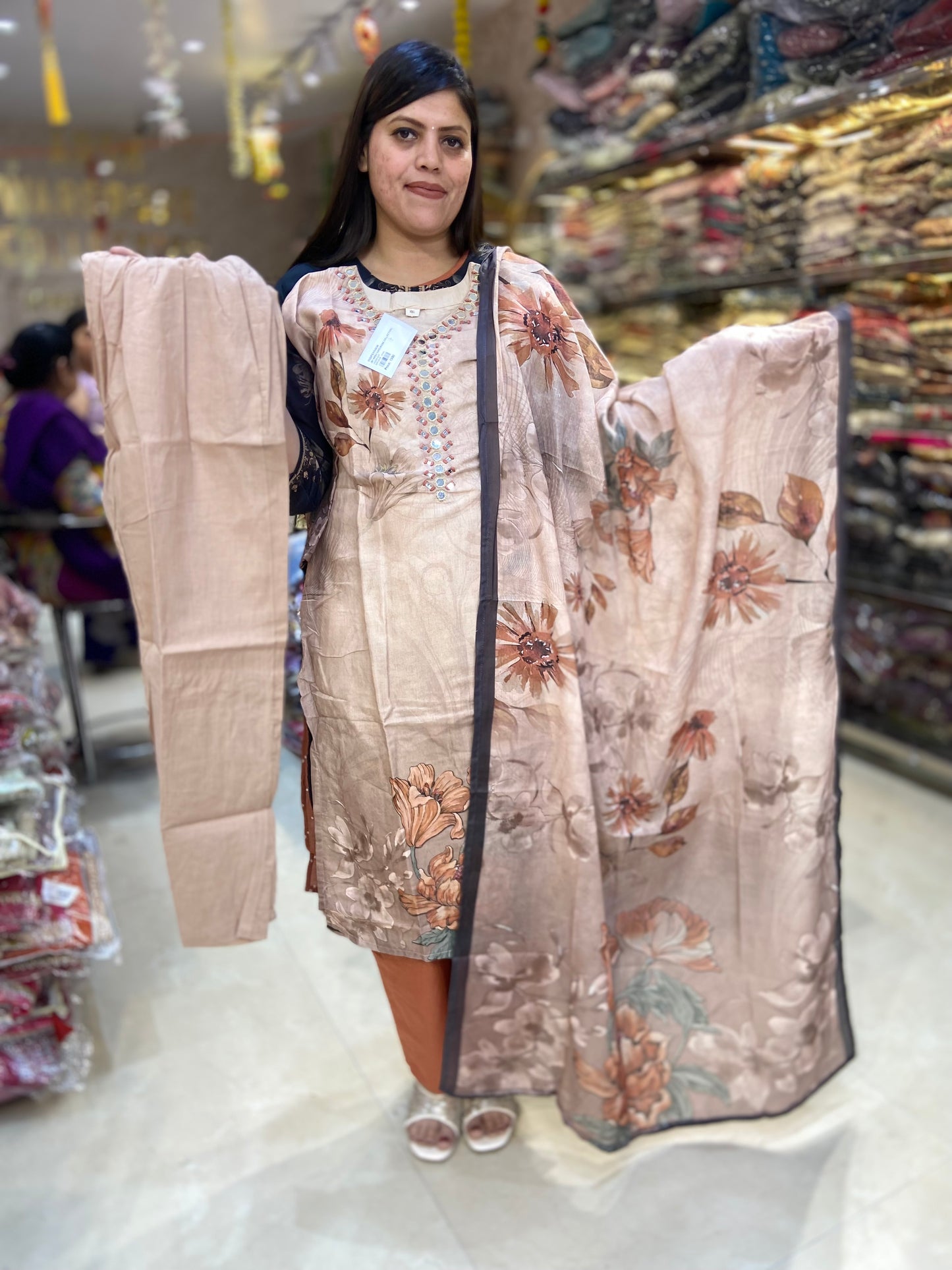 PURE CREPE ORIGNAL MIRROR WORK WITH FLORAL DESIGN SUIT