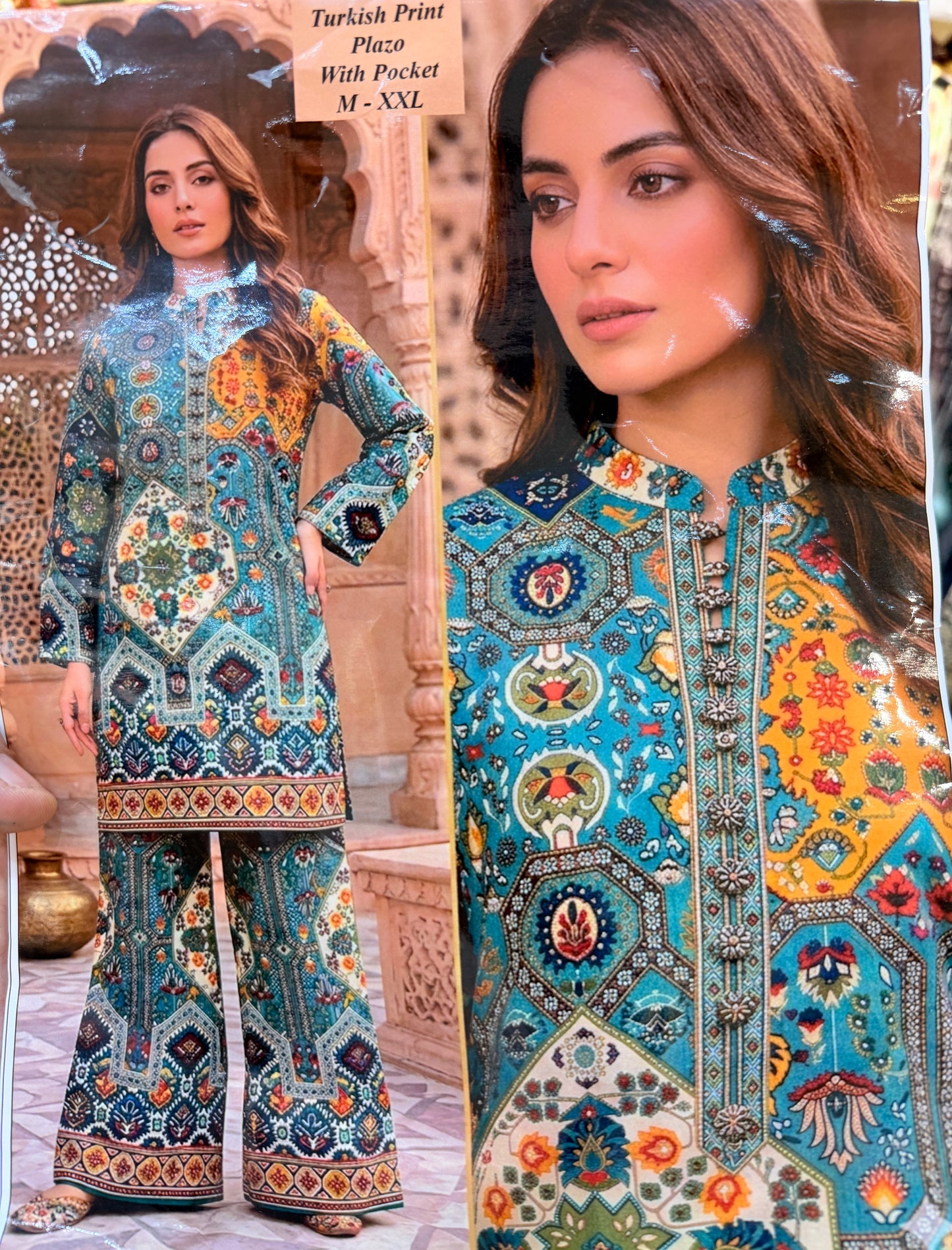 GREEN TURKISH PRINT PLAZO WITH POKET CORDSET