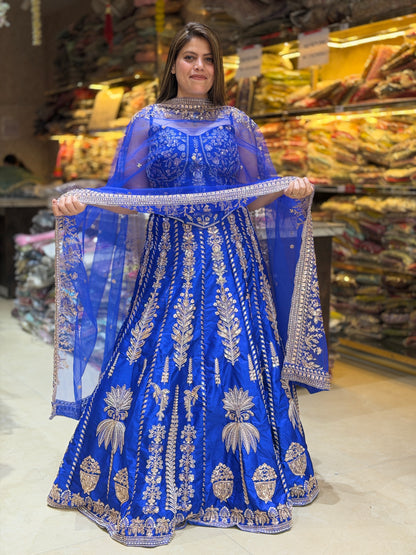 BLUE PURE SILK BACK DESIGN WITH HANDWORK DESIGNER LEHENGA