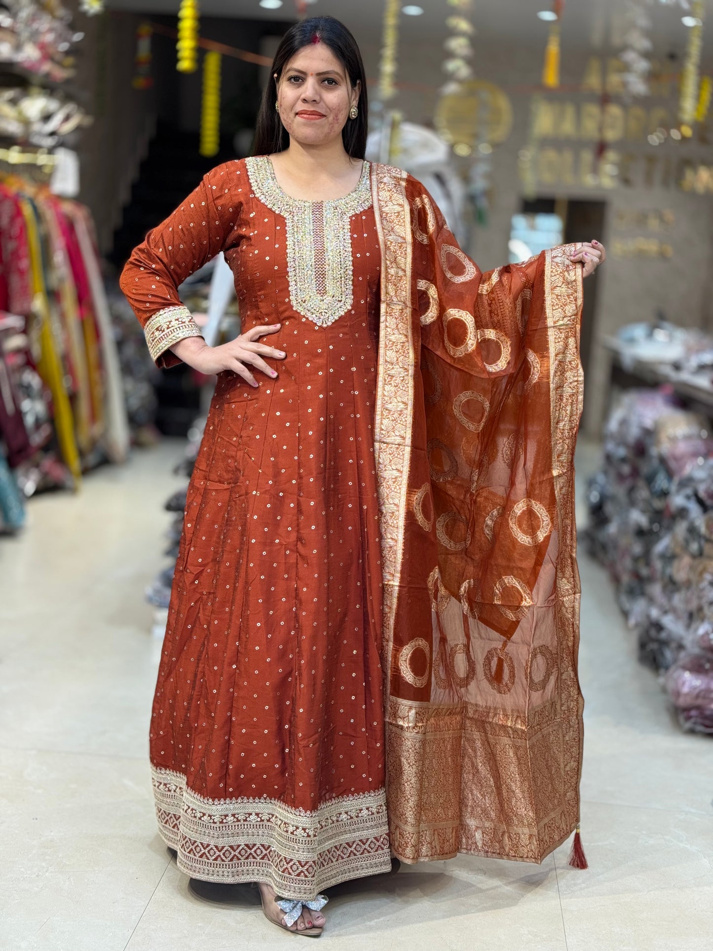 PURE CHINON NECK AND BAJU WITH LASE WORK FULL GOWN
