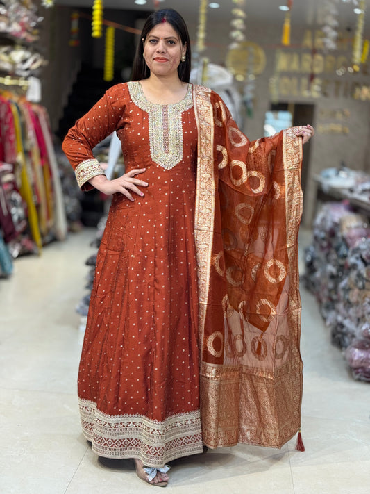 PURE CHINON NECK AND BAJU WITH LASE WORK FULL GOWN