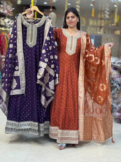 PURE CHINON NECK AND BAJU WITH LASE WORK FULL GOWN