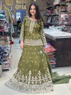 MEHNDI GREEN FUL PEARL AND TILLA WORK SHORT KURTI WITH FULL FLAIR LEHENGA