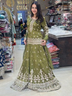 MEHNDI GREEN FUL PEARL AND TILLA WORK SHORT KURTI WITH FULL FLAIR LEHENGA