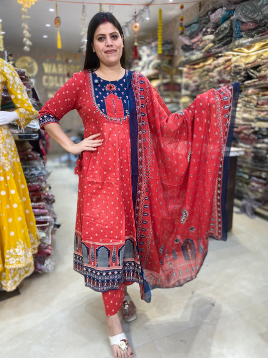 Cotton Anarkali Suit With Pearl Work on Neck