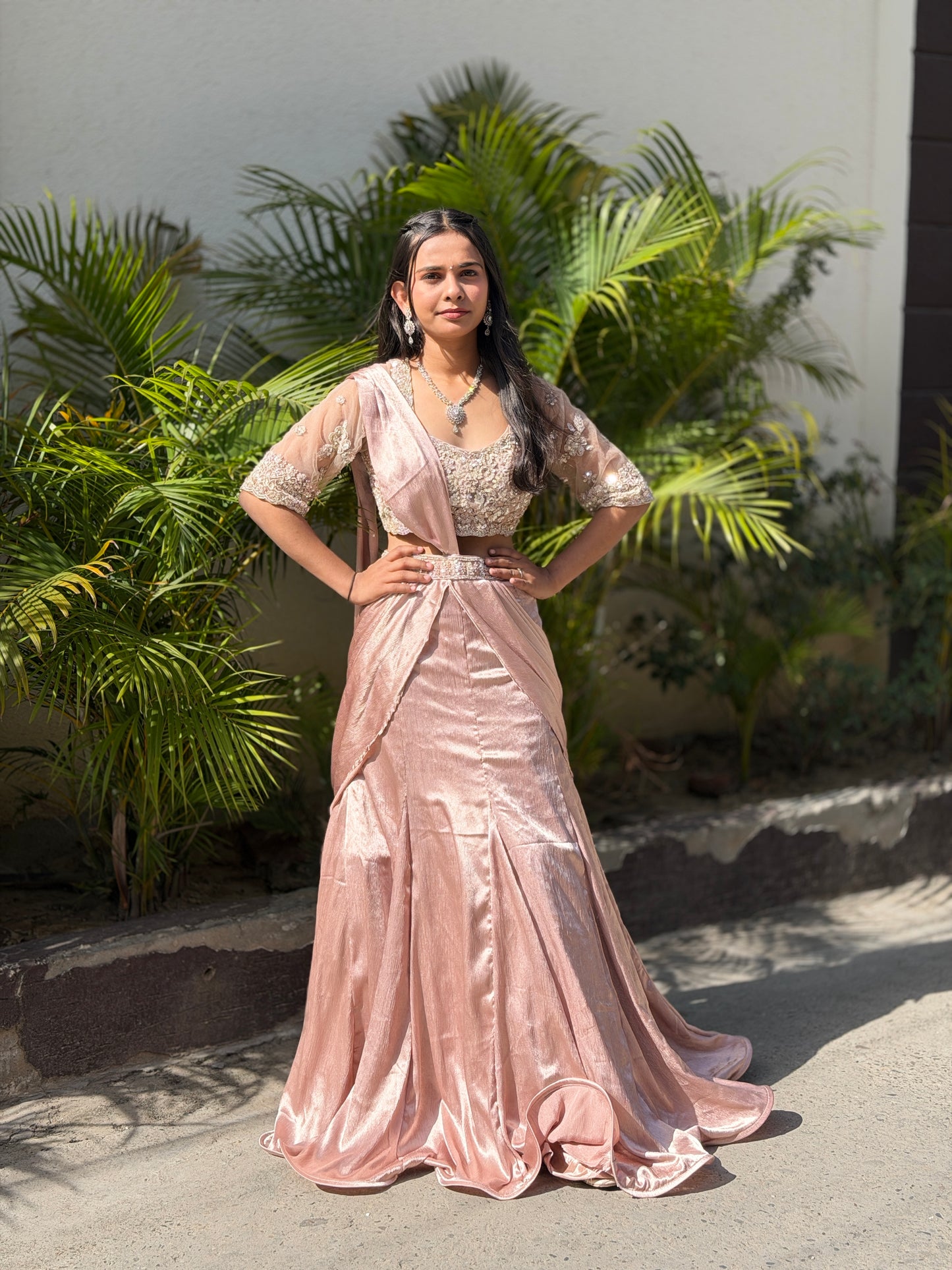 NUDE PINK SHORT TOP FULL PEARL WORK FISHCUT DESIGN LEHENGA