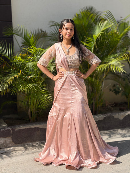 NUDE PINK SHORT TOP FULL PEARL WORK FISHCUT DESIGN LEHENGA