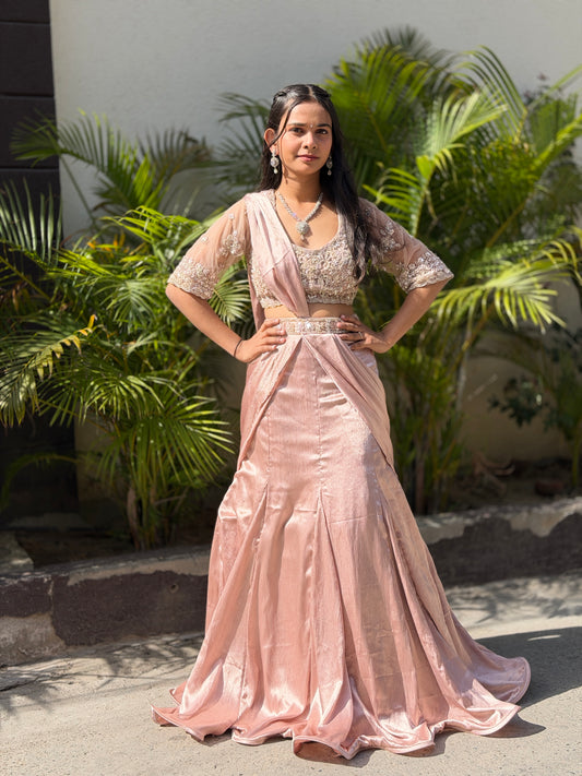 NUDE PINK SHORT TOP FULL PEARL WORK FISHCUT DESIGN LEHENGA