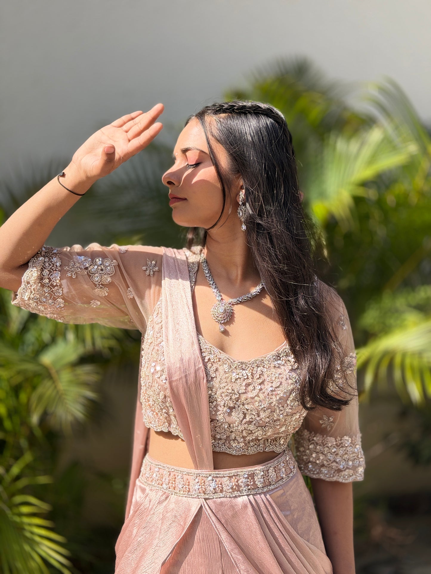 NUDE PINK SHORT TOP FULL PEARL WORK FISHCUT DESIGN LEHENGA