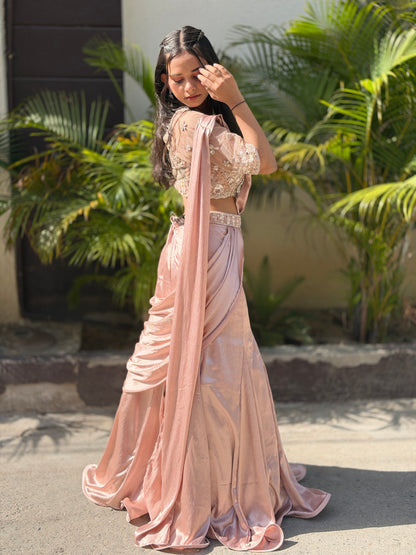 NUDE PINK SHORT TOP FULL PEARL WORK FISHCUT DESIGN LEHENGA