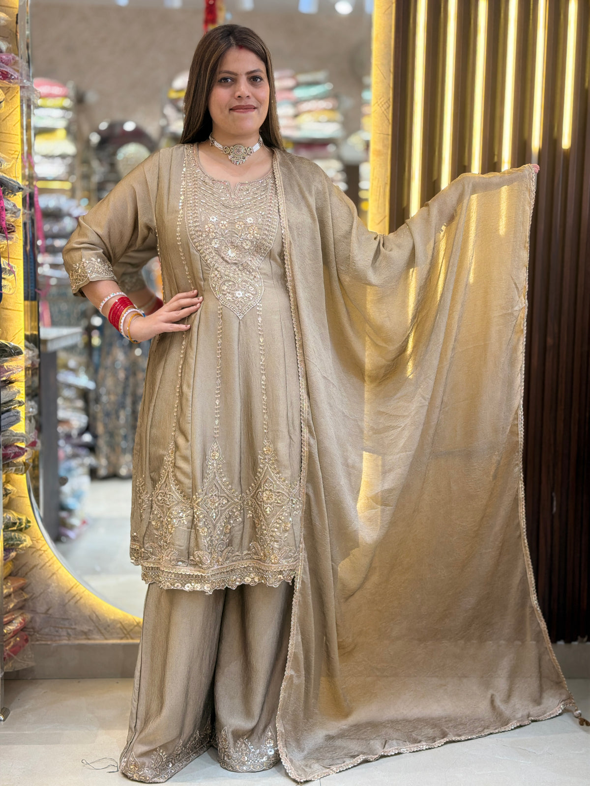IVORY GOLD PREMIUM SILK HAND WORK DESIGN ANARKALI