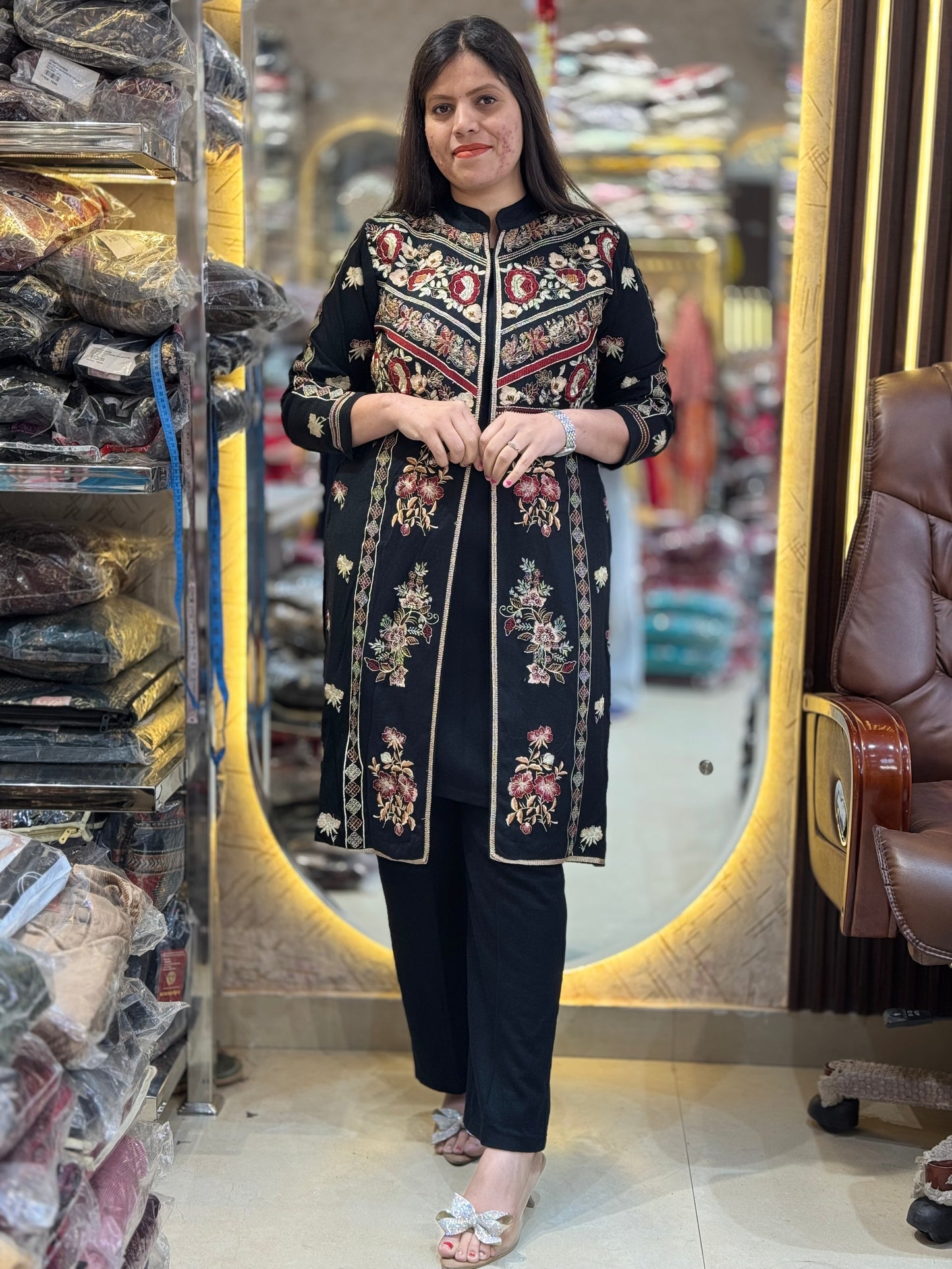 BLACK PREMIUM WOOL THREAD WORK DESIGNER SHRUG CORDSET