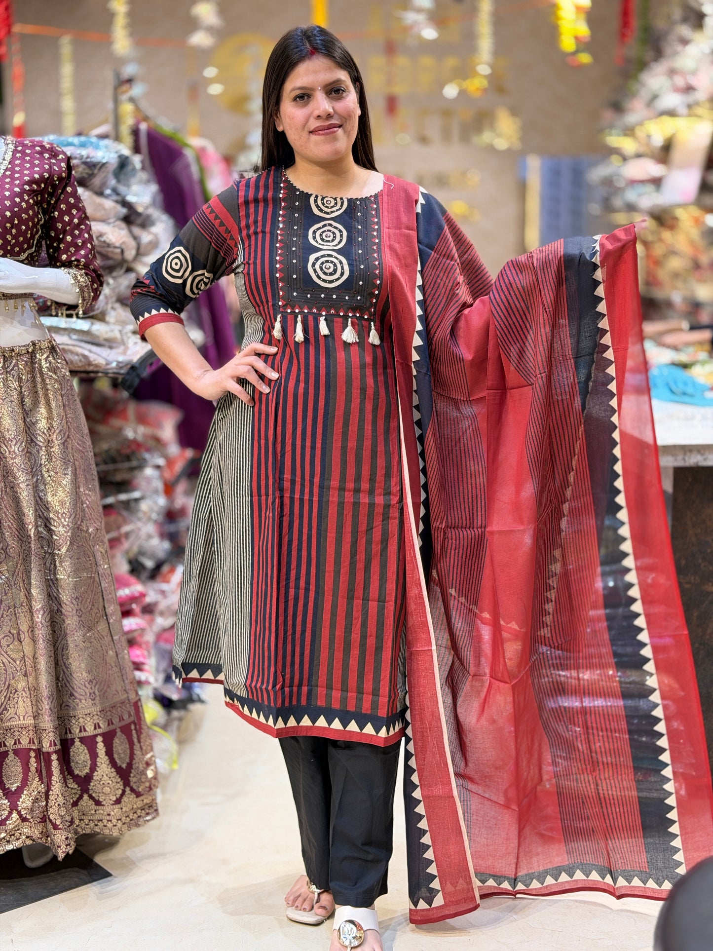 PURE COTTON POLKA DESIGN NECK WORK DESIGN SUIT