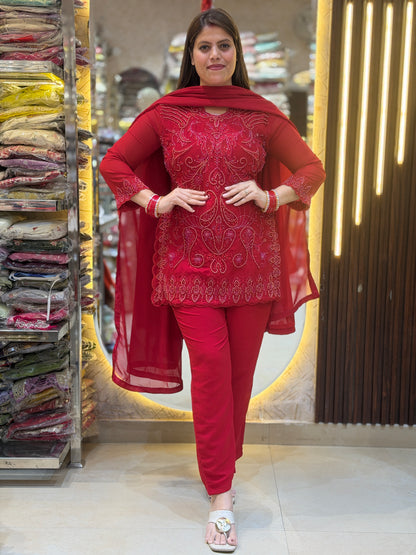 RED NECK DESIGN PEARL DESIGN PANT BOTTOM DRESS