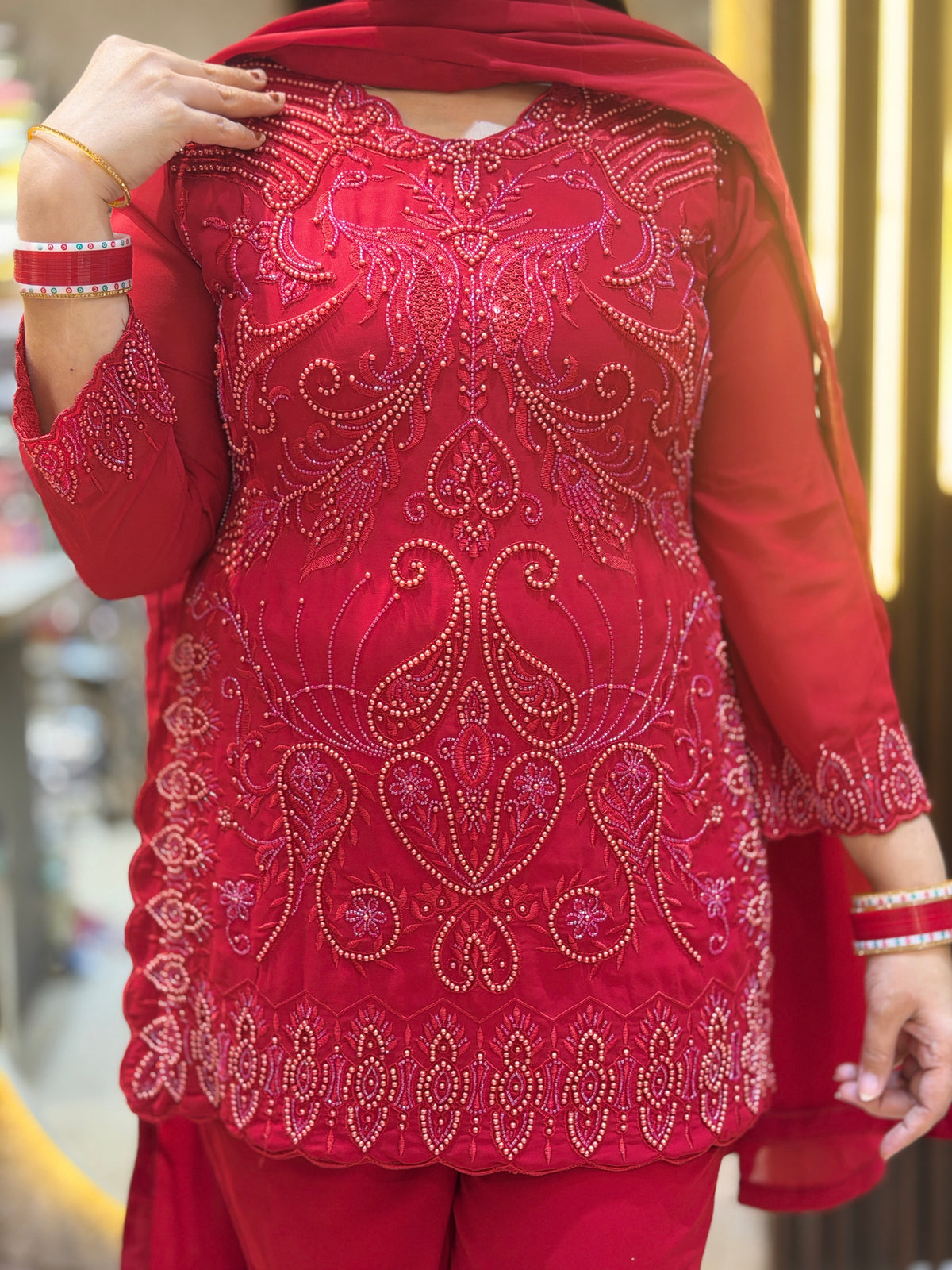 RED NECK DESIGN PEARL DESIGN PANT BOTTOM DRESS