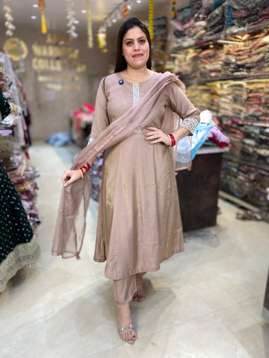 PURE RUSSIAN SILK WHITE LASE WORK ANARKALI