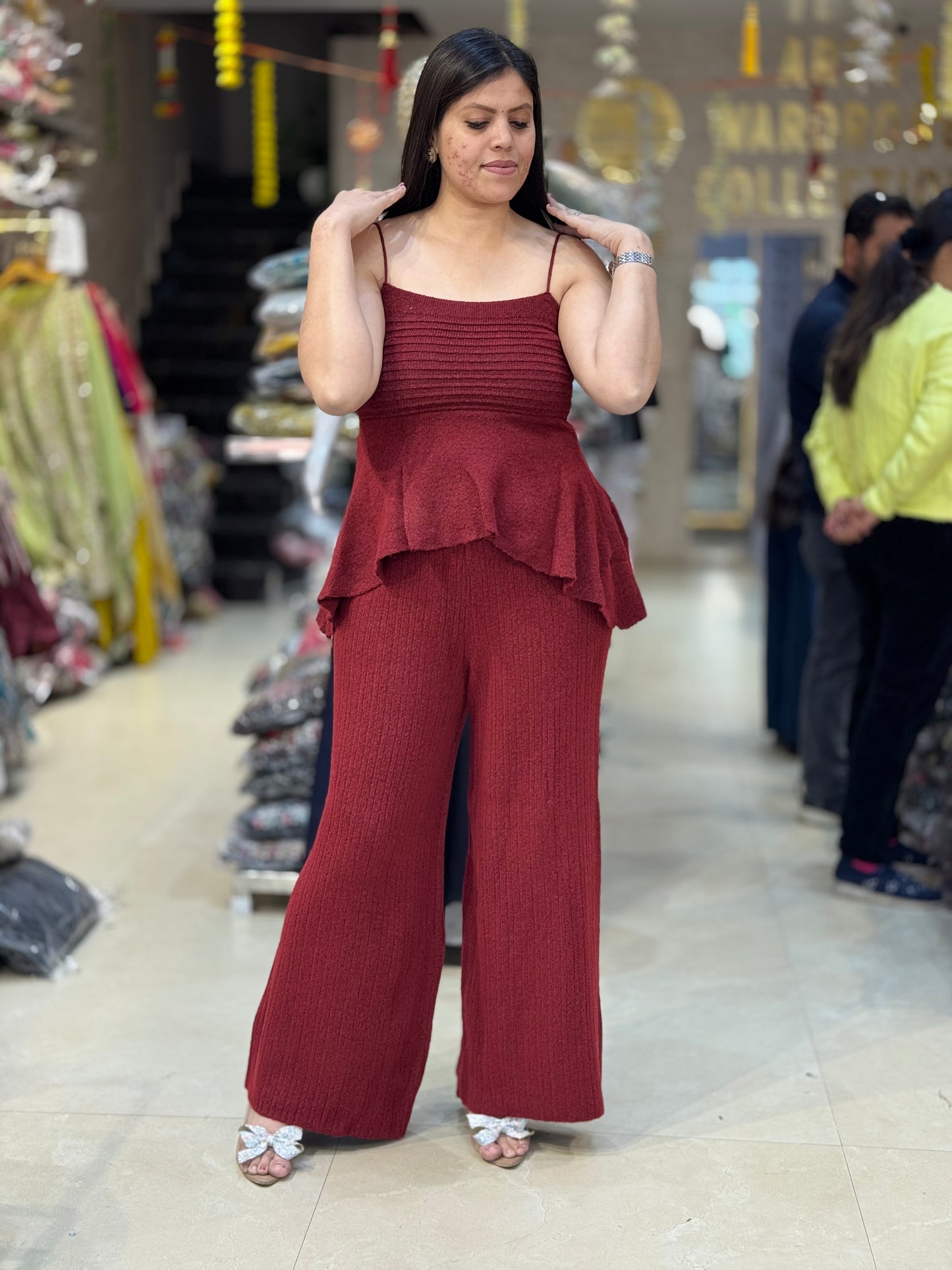 PREMIUM WOOL SHAWL DESIGN CROPE TOP WITH BOTOM KOREAN CORDSET