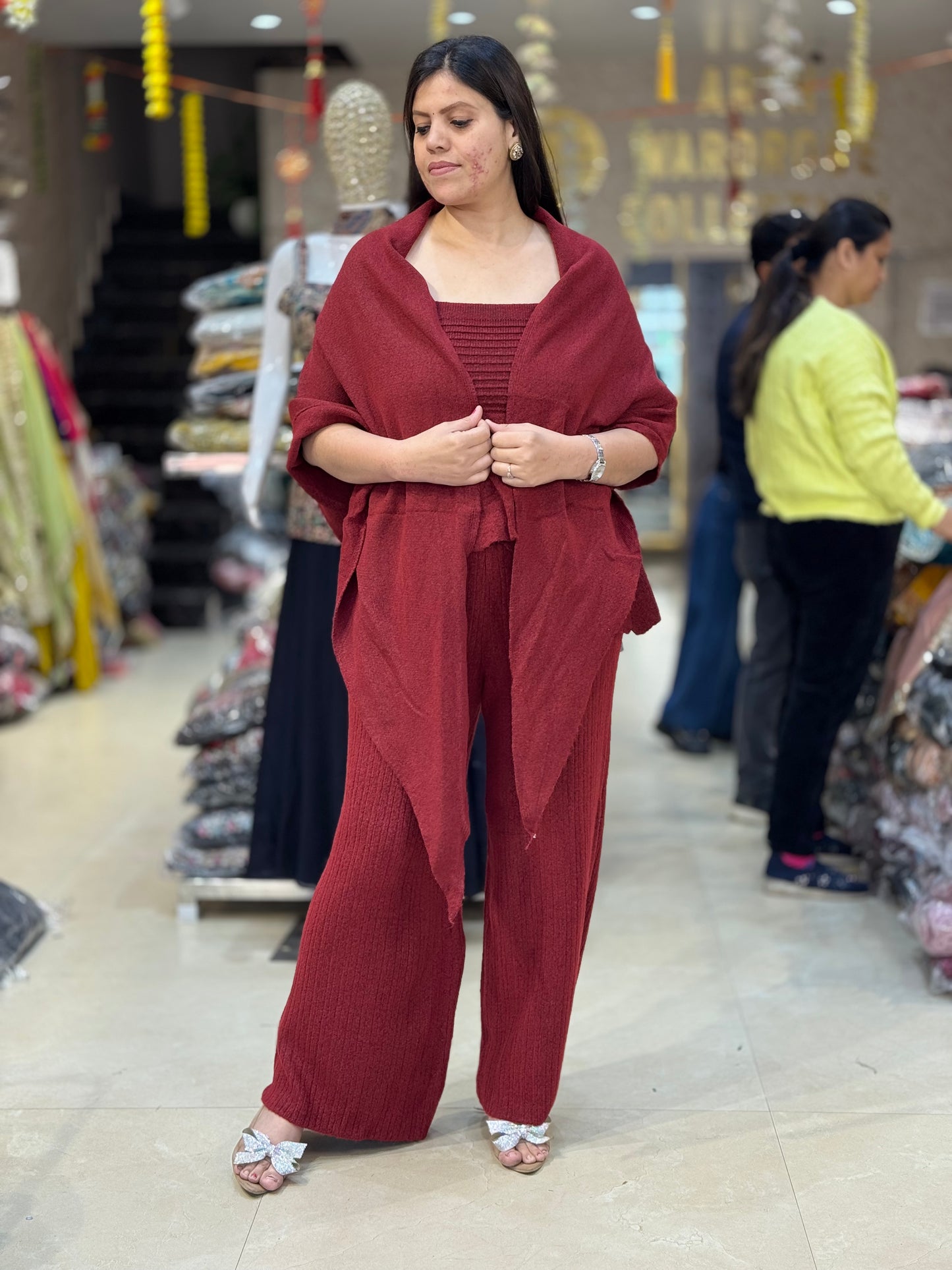 PREMIUM WOOL SHAWL DESIGN CROPE TOP WITH BOTOM KOREAN CORDSET