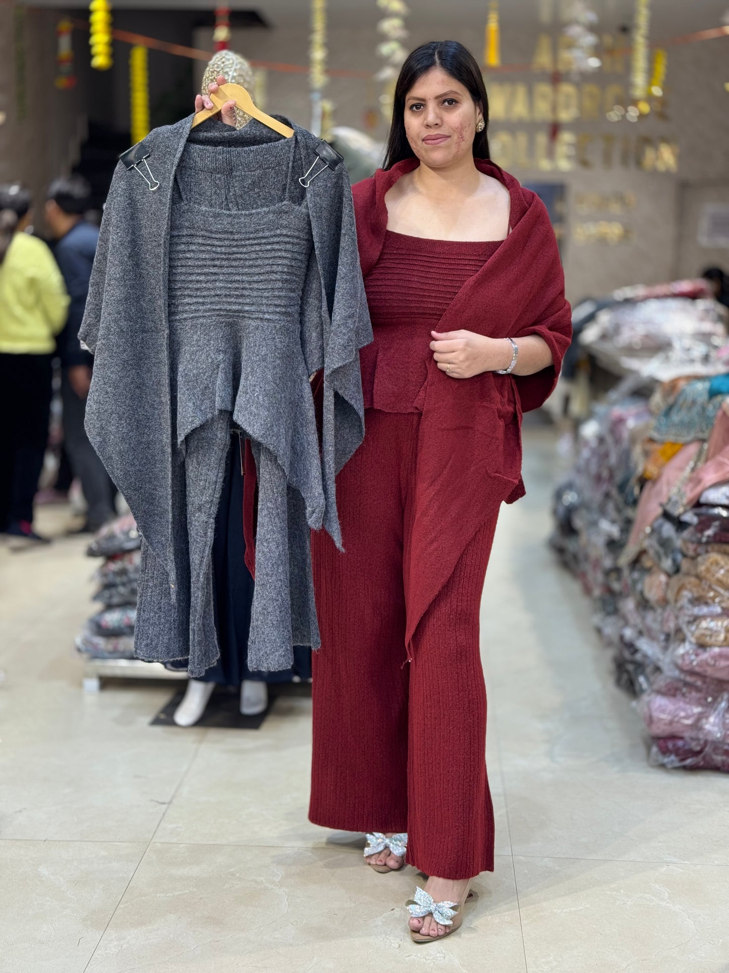 PREMIUM WOOL SHAWL DESIGN CROPE TOP WITH BOTOM KOREAN CORDSET