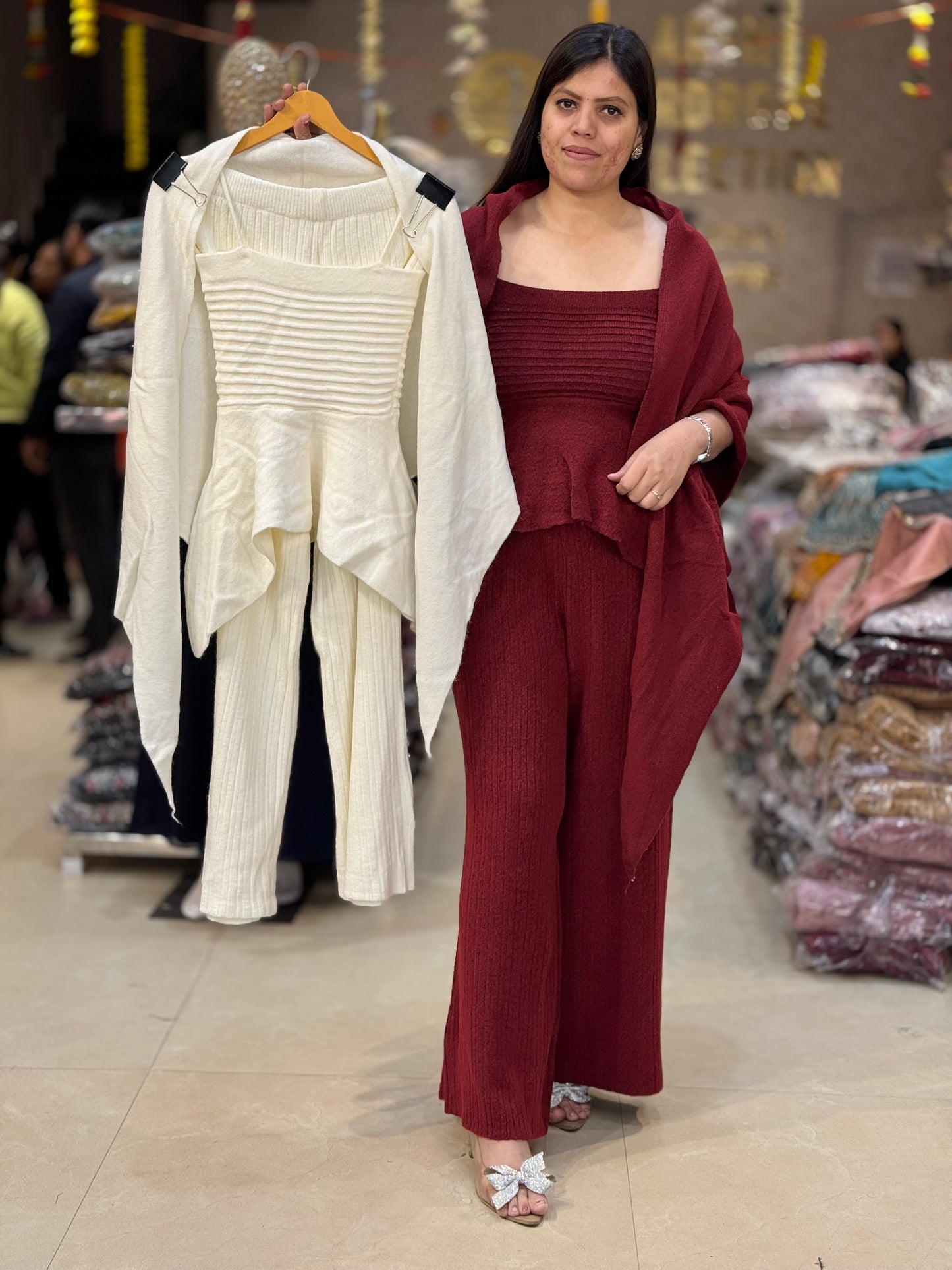 PREMIUM WOOL SHAWL DESIGN CROPE TOP WITH BOTOM KOREAN CORDSET