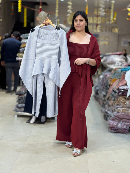 PREMIUM WOOL SHAWL DESIGN CROPE TOP WITH BOTOM KOREAN CORDSET