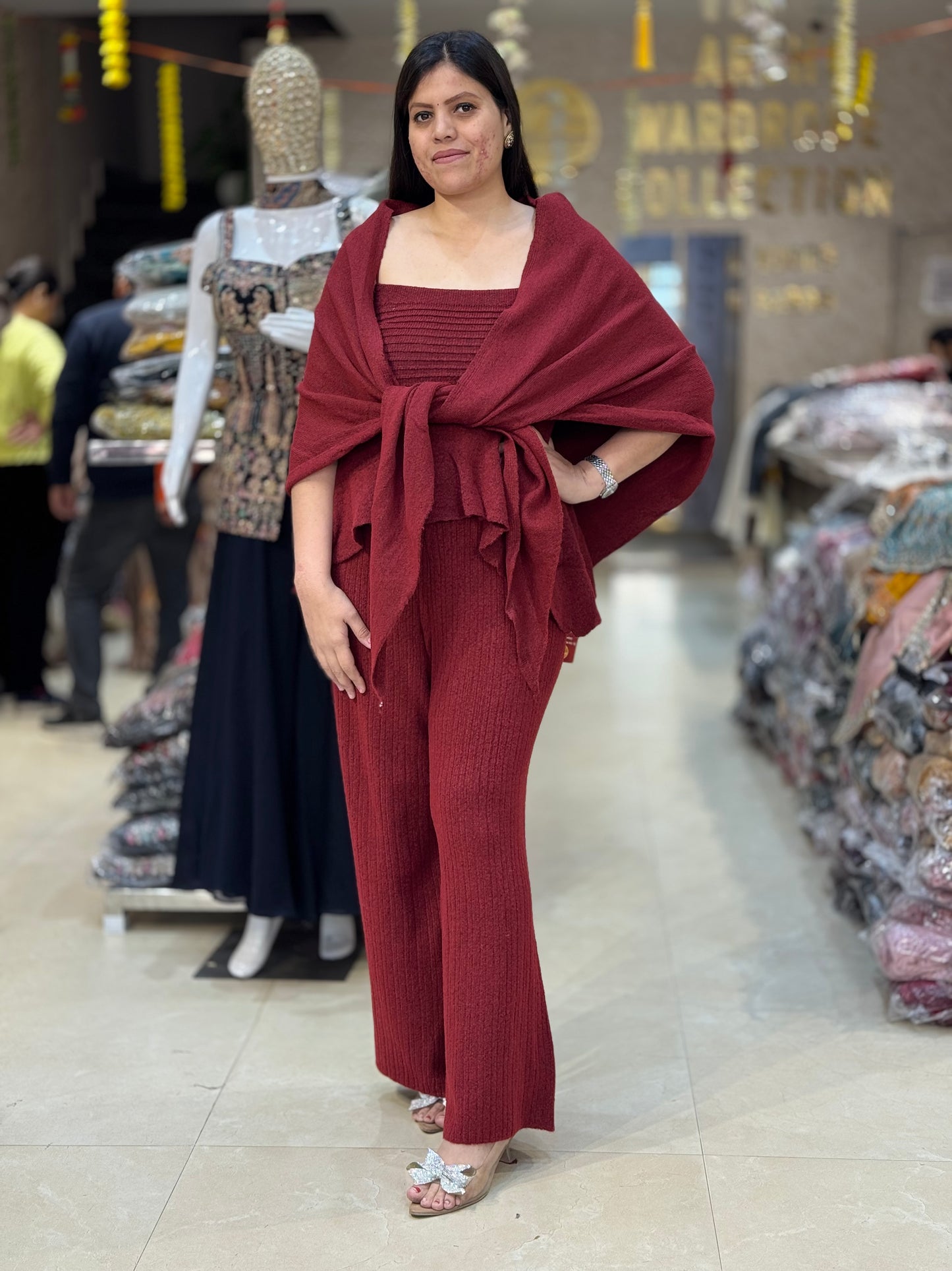 PREMIUM WOOL SHAWL DESIGN CROPE TOP WITH BOTOM KOREAN CORDSET