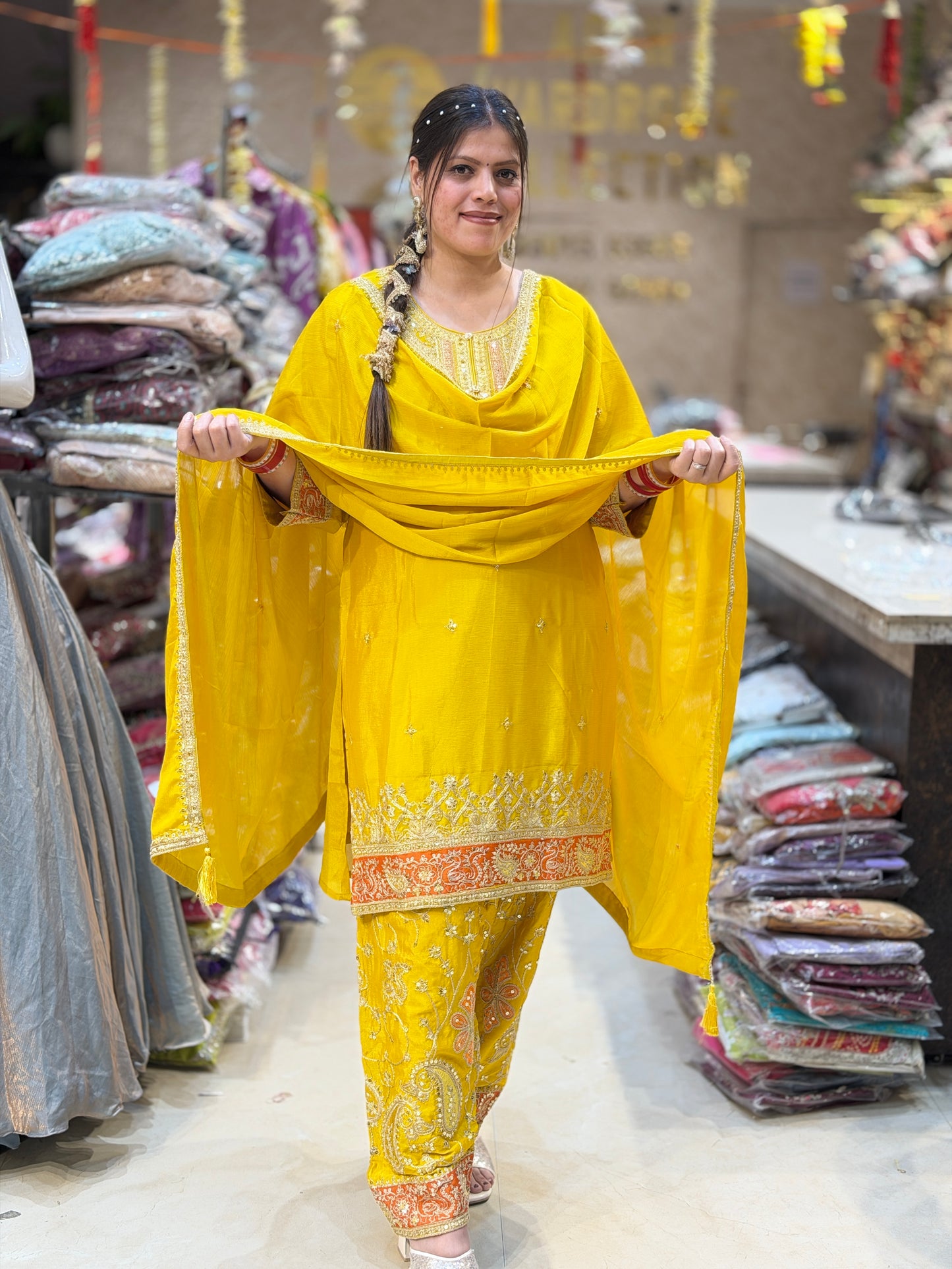 YELLOW PARTY WEAR FARSHI SALWAR DESIGN SUIT