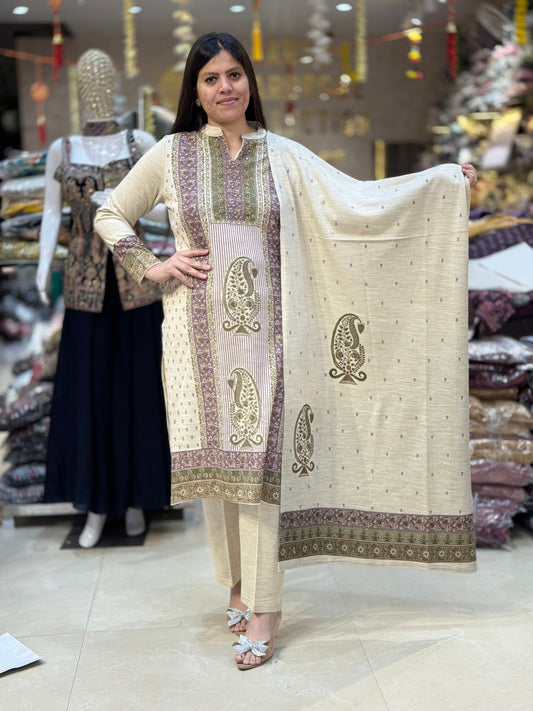 PREMIUM WOOL EMBROIDED AND PEARL WORK 3PC SUIT