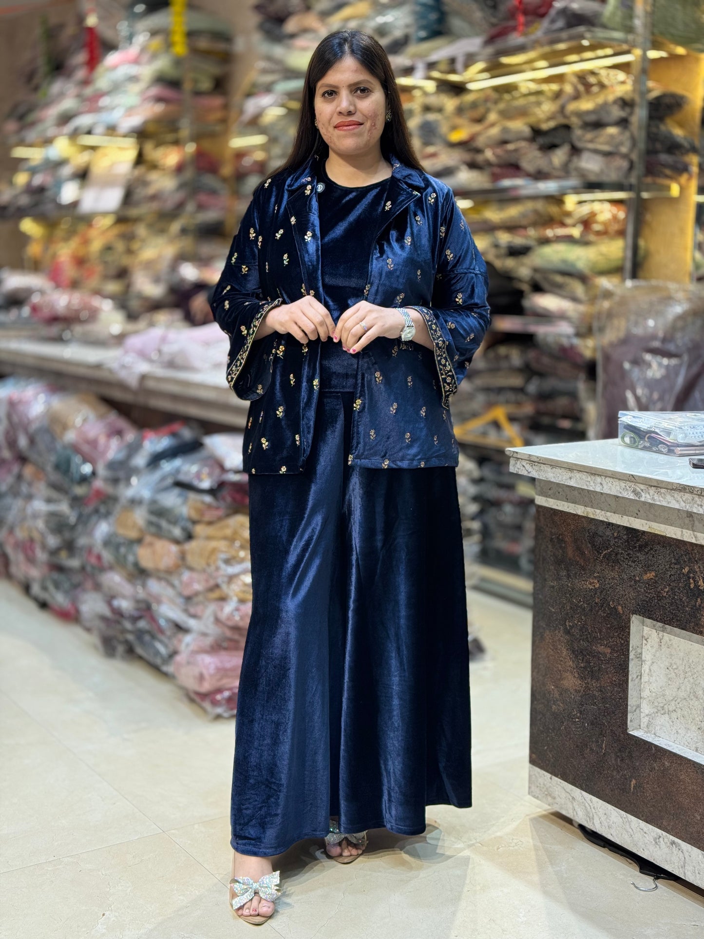 PREMIUM VELVET TOP WITH BEAUTIFUL SIPI WORK JAKET PLAZO CORDSET