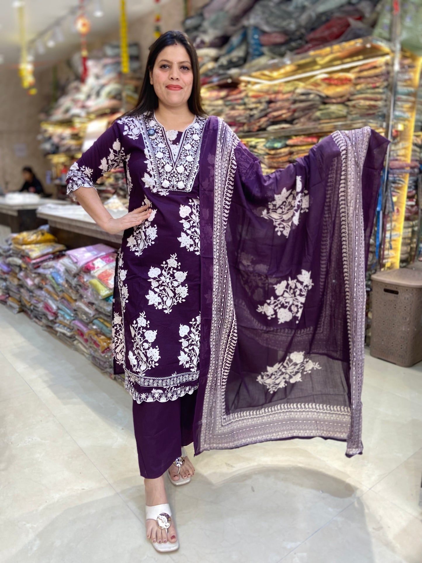 PURPLE PURE COTTON FLORAL DESIGN SUIT