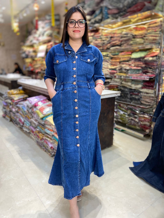 TRENDING FISHCUT FULL SLEEVS DESIGN DENIM DRESS