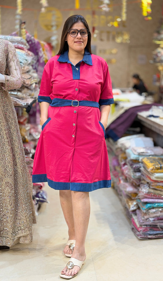 BEAUTIFUL DENIM NECK AND BORDER DESIGN DRESS