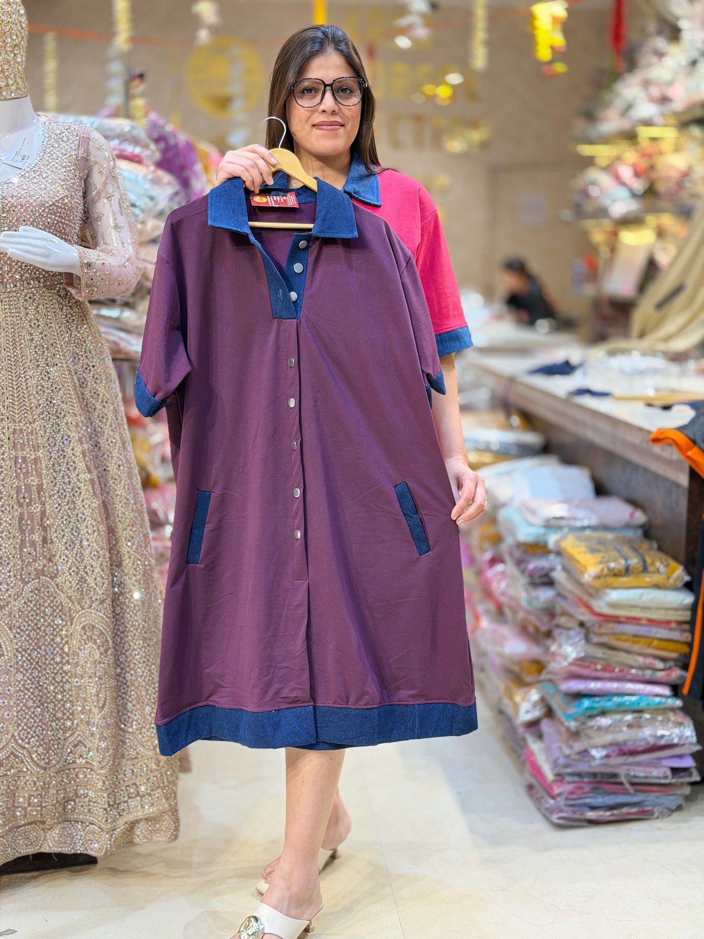 BEAUTIFUL DENIM NECK AND BORDER DESIGN DRESS