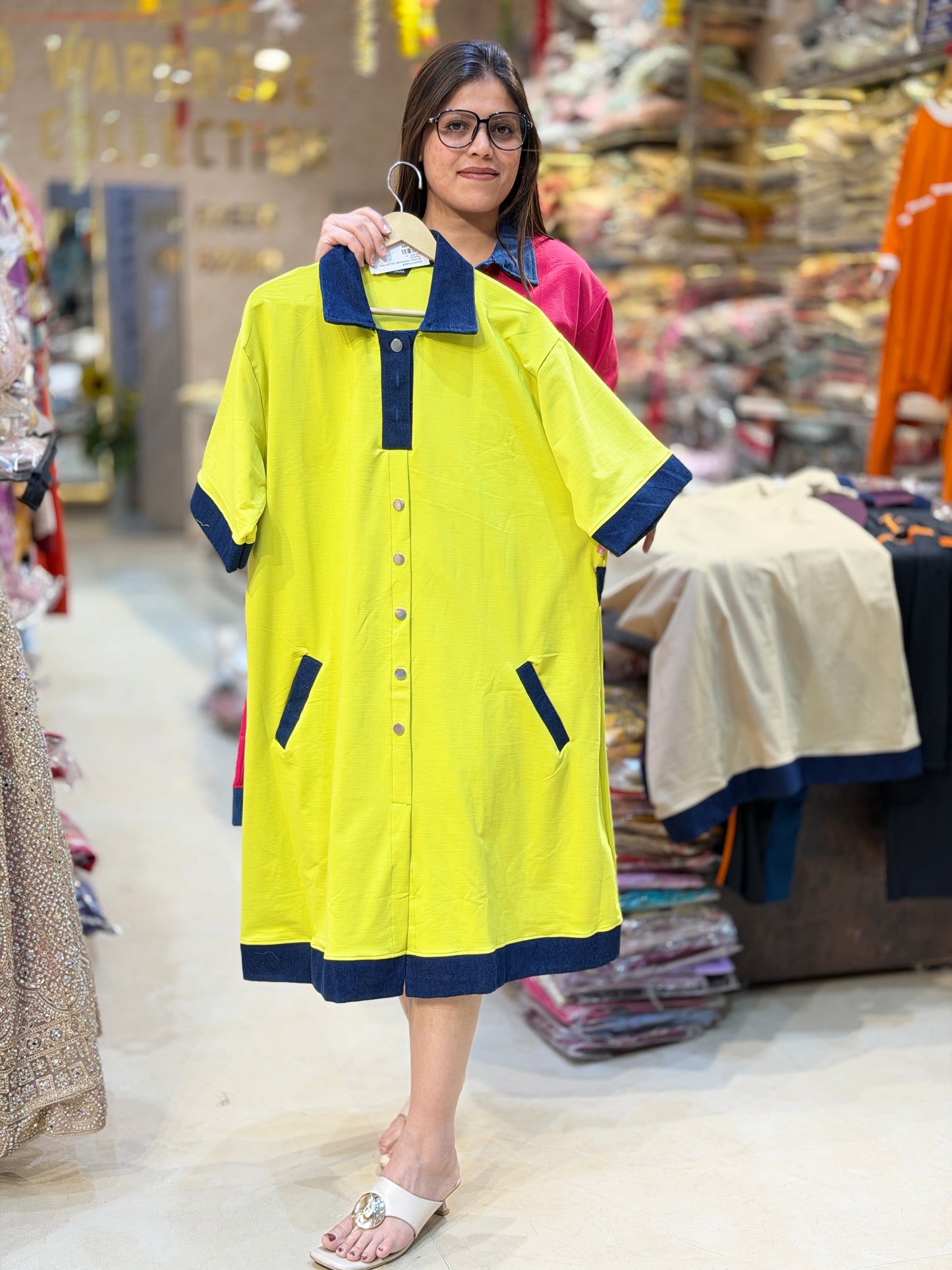 BEAUTIFUL DENIM NECK AND BORDER DESIGN DRESS