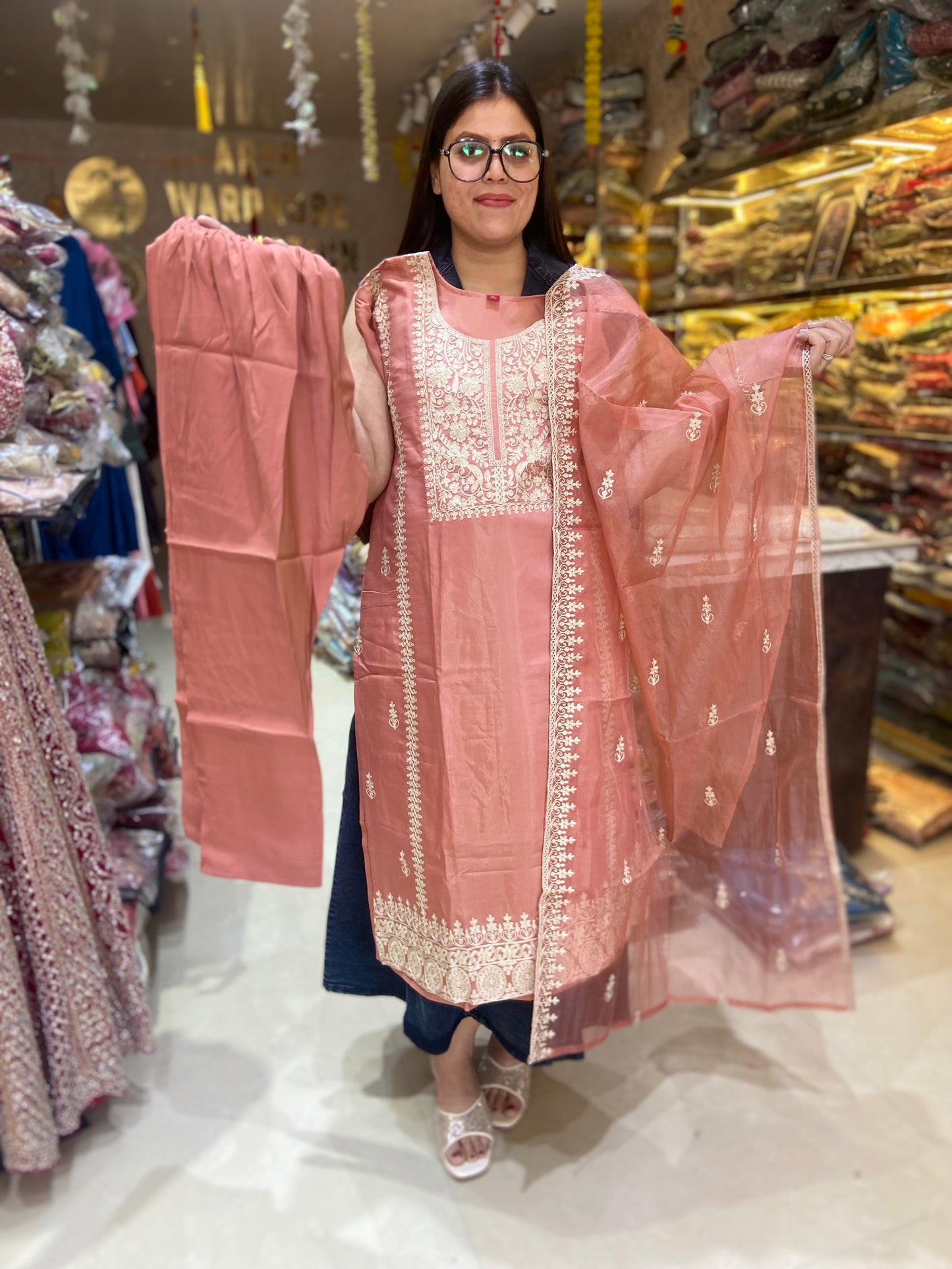 PEACH PLUS SIZE PARTY WEAR RUSHIAN SILK SIPI WORK SUI