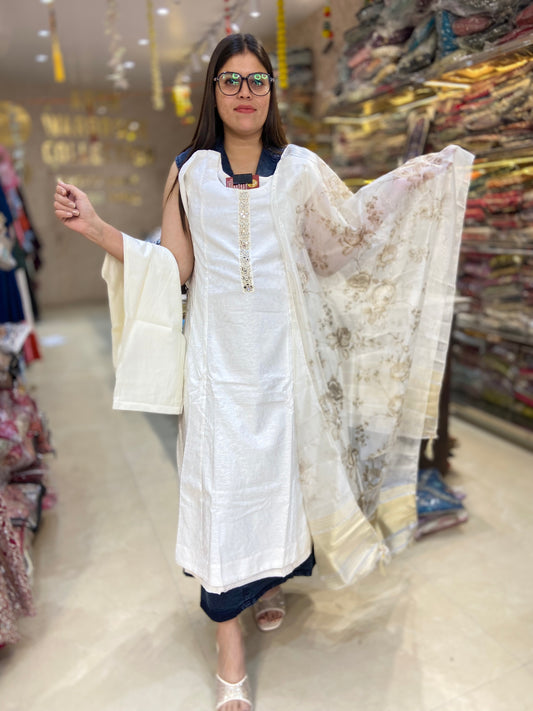 WHITE PURE COTTON WITH RUSHIAN SILK DUPPTA SUIT