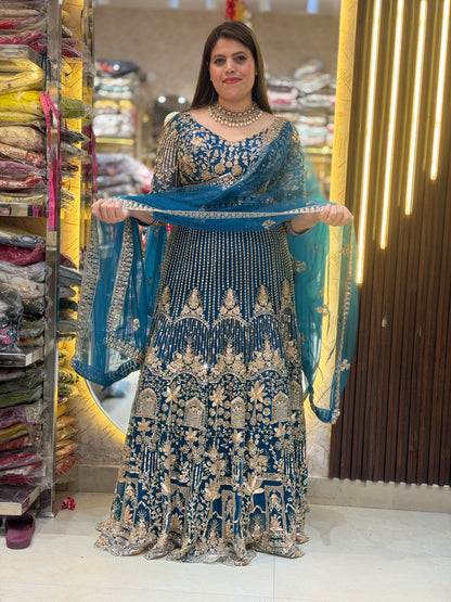SEA GREEN WEDDING WEAR NITED THREAD AND MIRROR WORK HEAVY LEHNGA