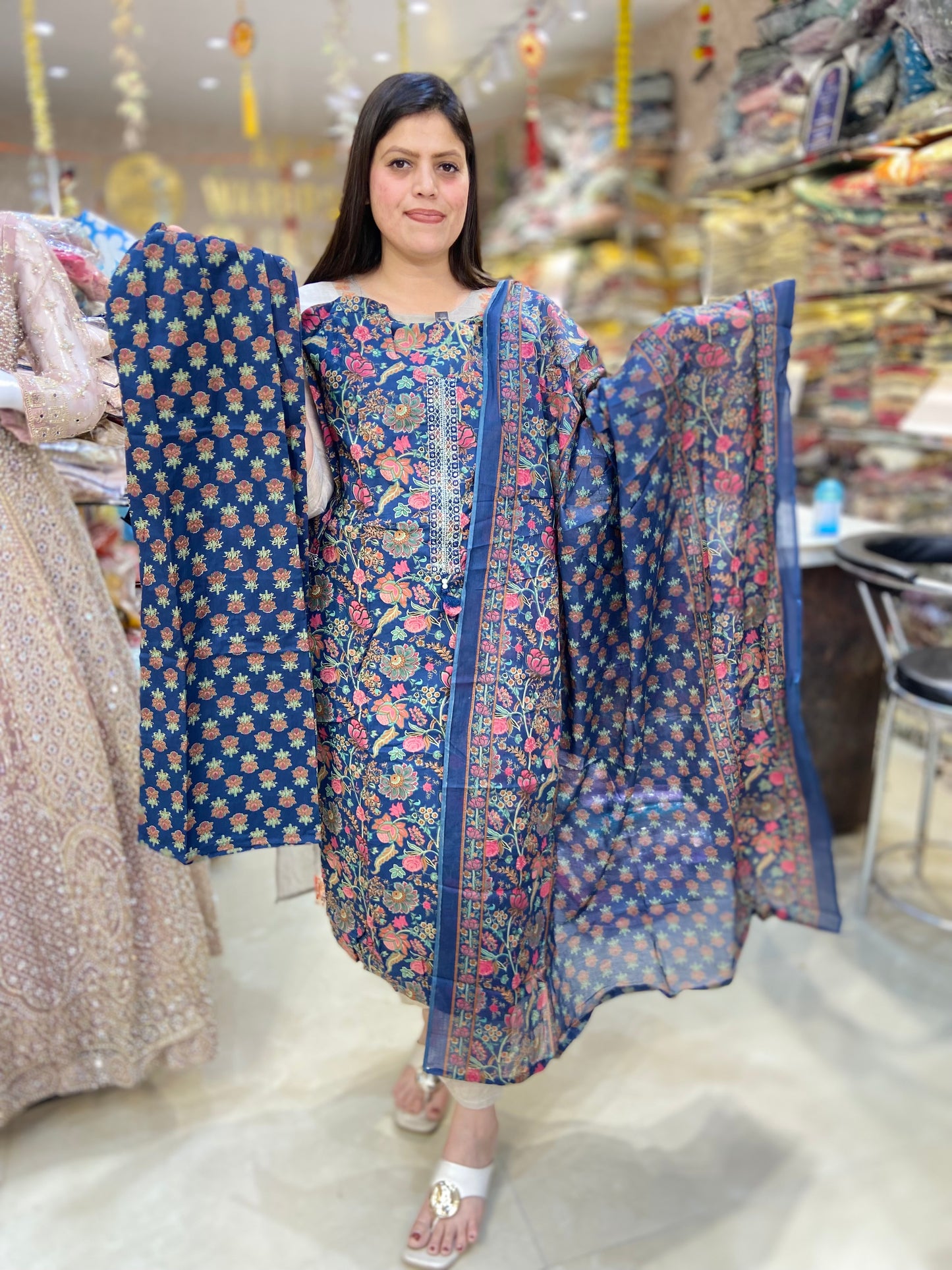 BLUE PURE MUL COTTON BATIK DESIGN SUIT
