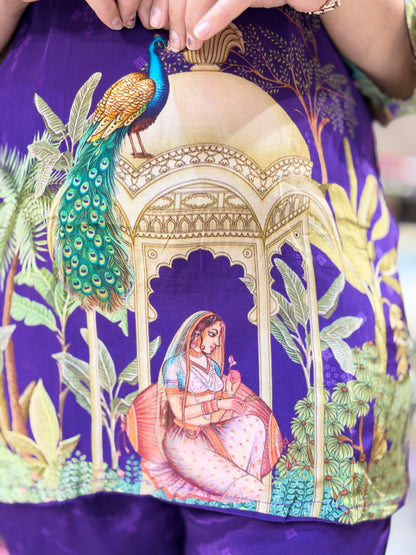 PURPLE PURE CREPE PEACOCK DESIGN CORDSET